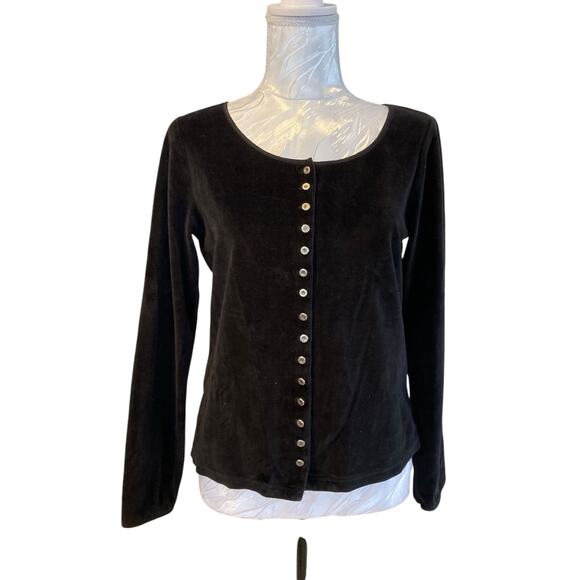 Y2K JJill Black Velour Scoop Neck Goth Witchy Stretch Button Down Shirt Sz Small - Picture 1 of 15